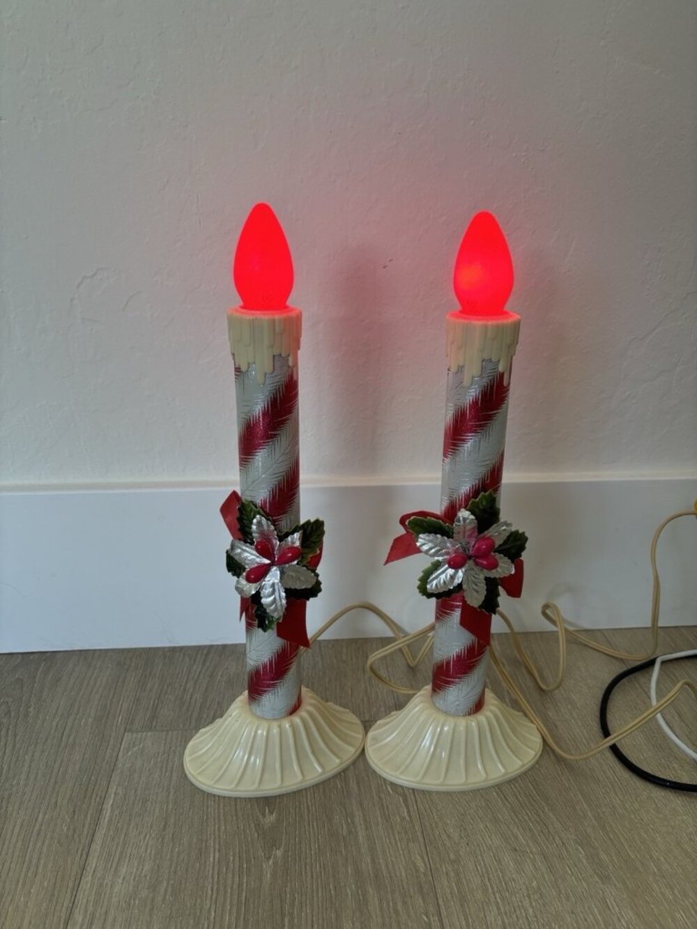 2 Vtg MCM 1950’s Candy Striped Electric CANDLE Xmas Light 12”